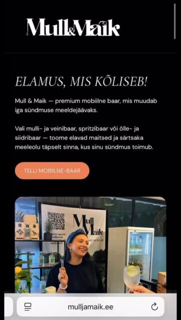 Oleme avatud 2026. aasta broneeringuteks!🥂✨

Tänu @turundusmimmud tiimile valmis meie koduleht, mis teeb Mull & Maik baari tellimise superlihtsaks – täida päringuvorm ja ülejäänu on meie teha. 🍹📲

Vaata videost, kuidas tellimine käib, ja kutsu meid oma järgmisele sündmusele jooke pakkuma. 🎥🍻

Võta aegsasti ühendust – eriti kui plaanid sündmust nädalavahetuseks. Kuupäevad täituvad kiiresti. 😉📅

#mulljamaik